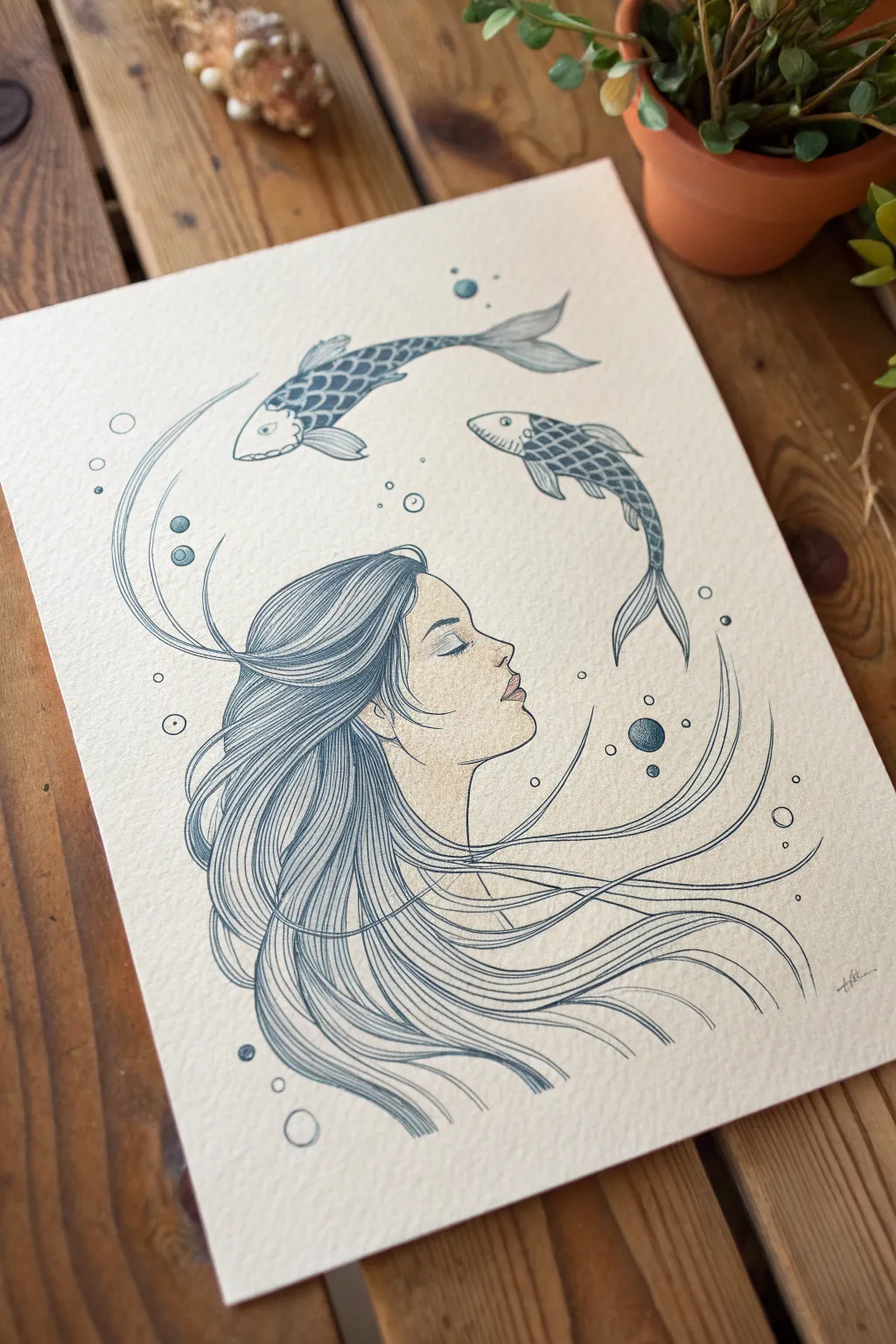 Koi fish glide through flowing hair like water currents in this minimalist boho line artwork.