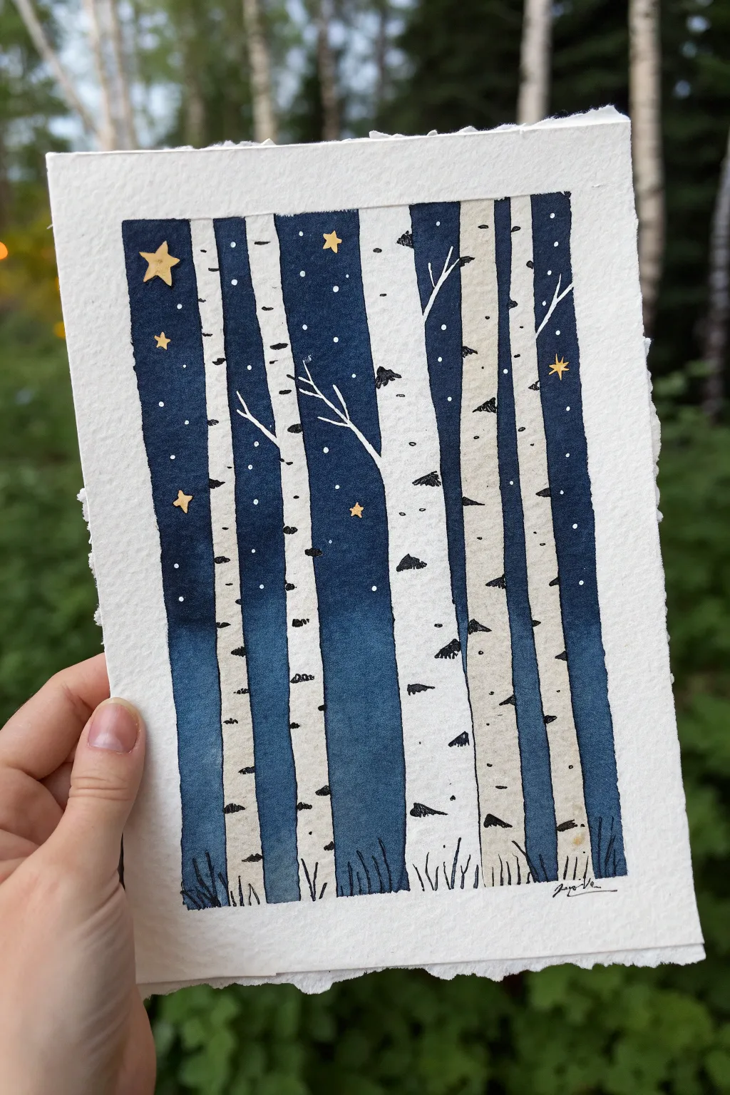 Night sky birches: crisp white trunks and delicate star splatter for a cozy minimalist look.