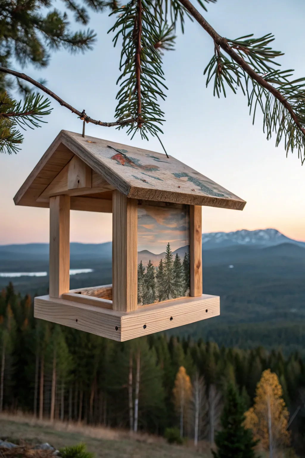 Paint a wraparound woodland panorama on a bird feeder for a calm, minimalist forest vibe.