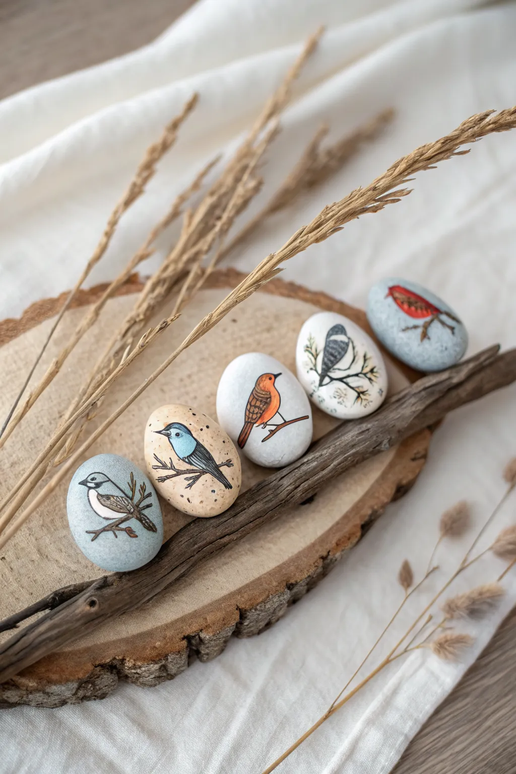 Painted pebble birds perched on a twig stand, a Scandinavian minimal craft with boho charm