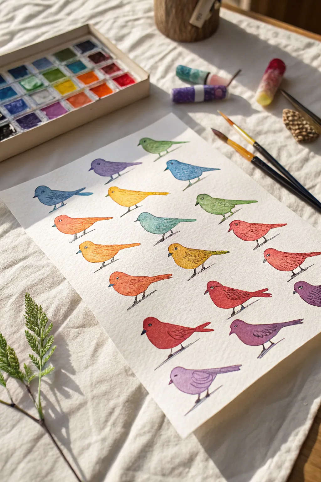 Minimal rainbow cartoon bird color-study grid on watercolor paper, bold outlines and clean boho contrast