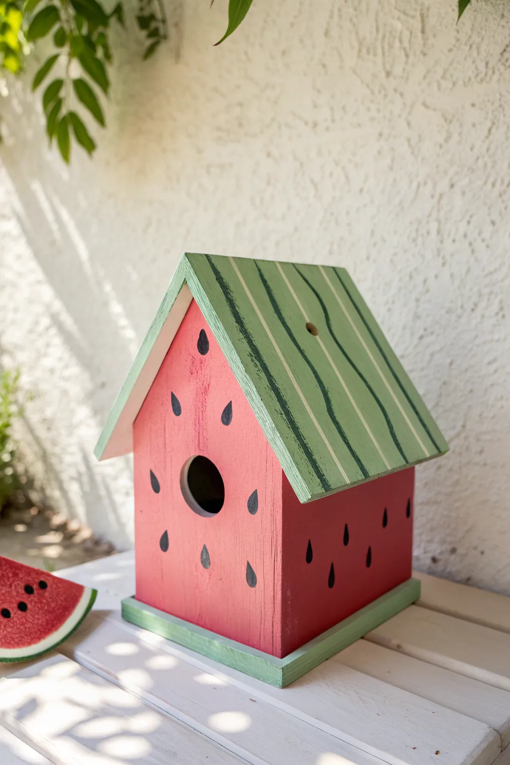 Sunny watermelon birdhouse paint idea with clean Scandinavian lines and playful boho charm.