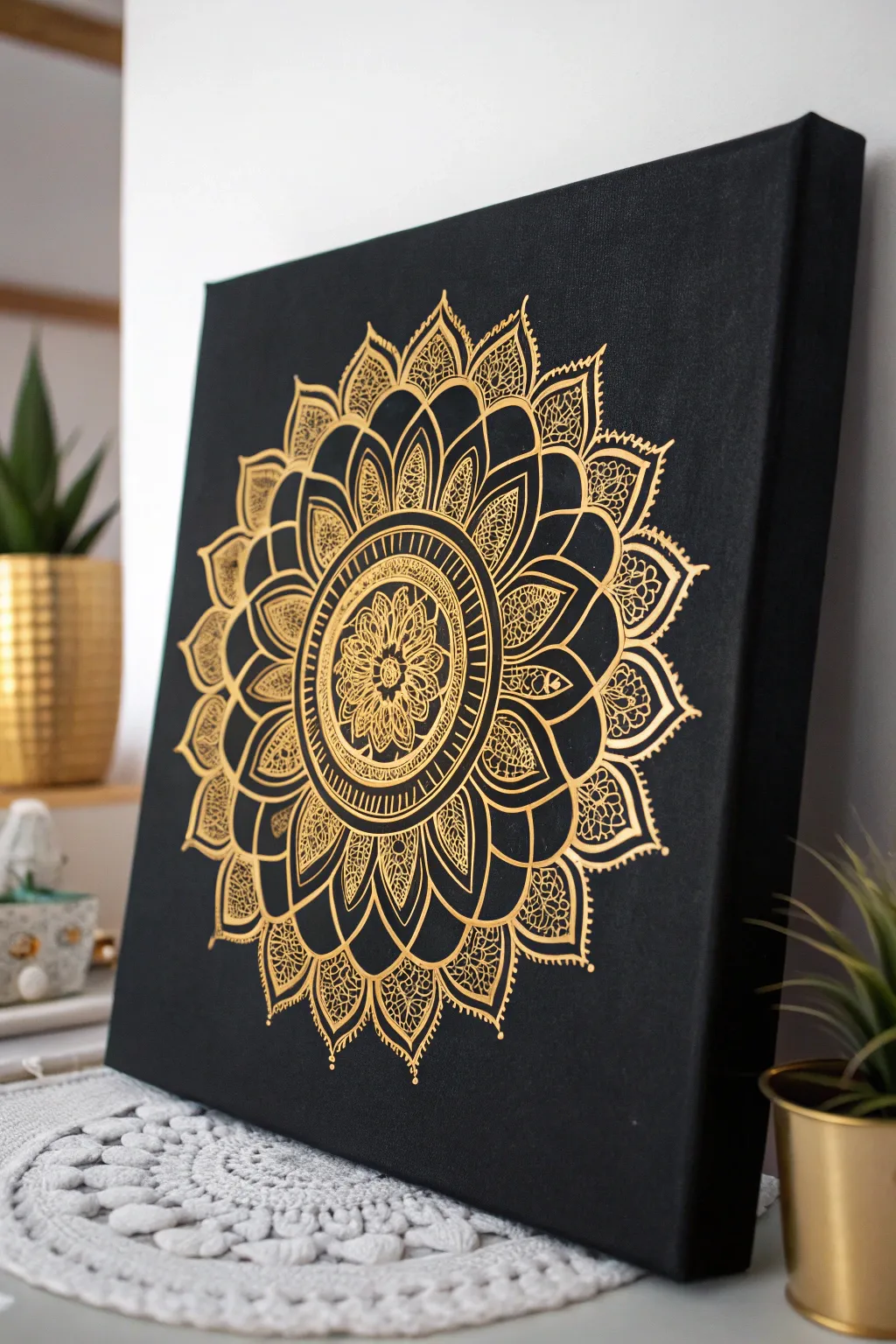 Deep black canvas with shimmering gold mandala details for a chic minimalist boho statement.