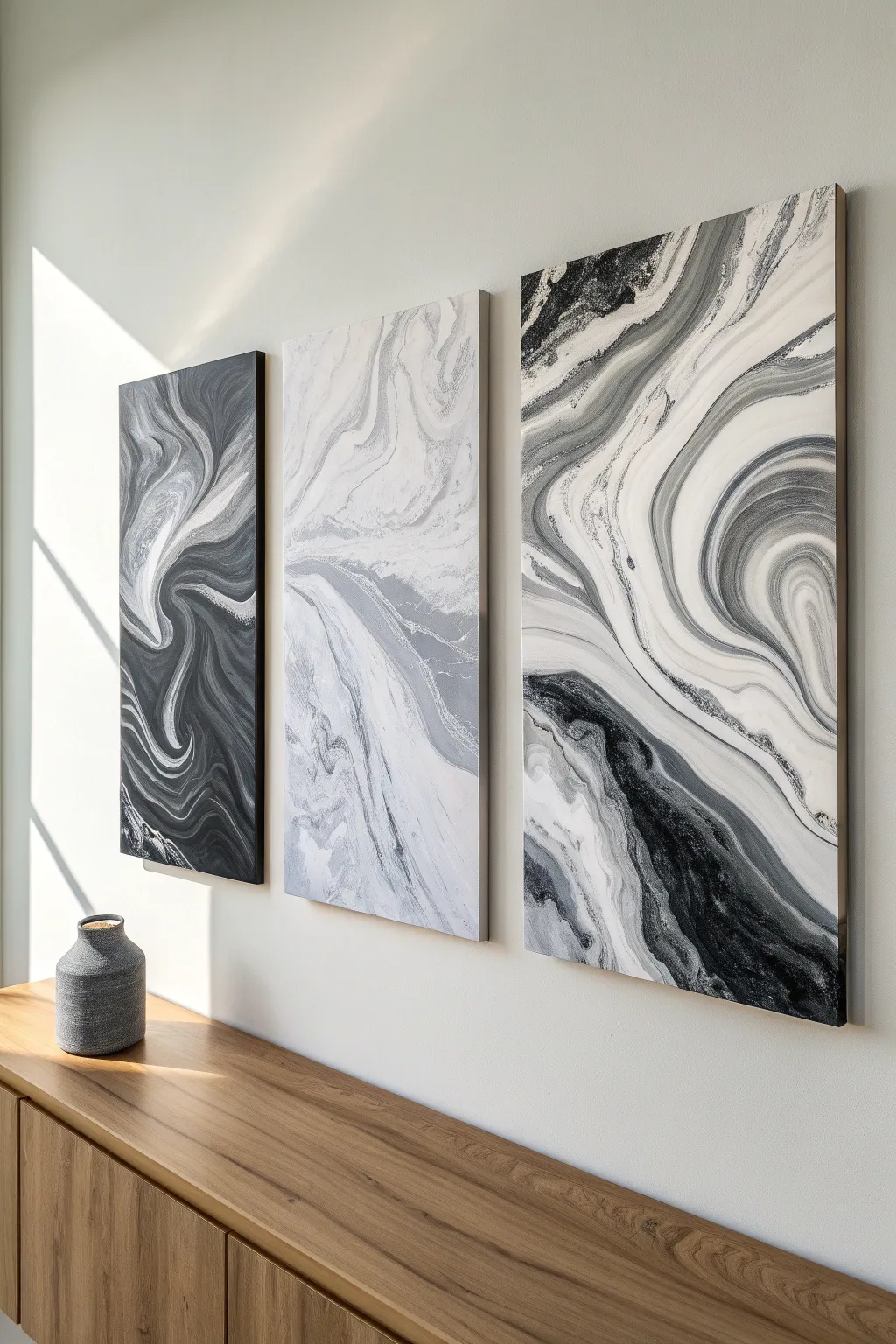 Marbled black and white triptych that flows across three canvases, minimalist and boho calm