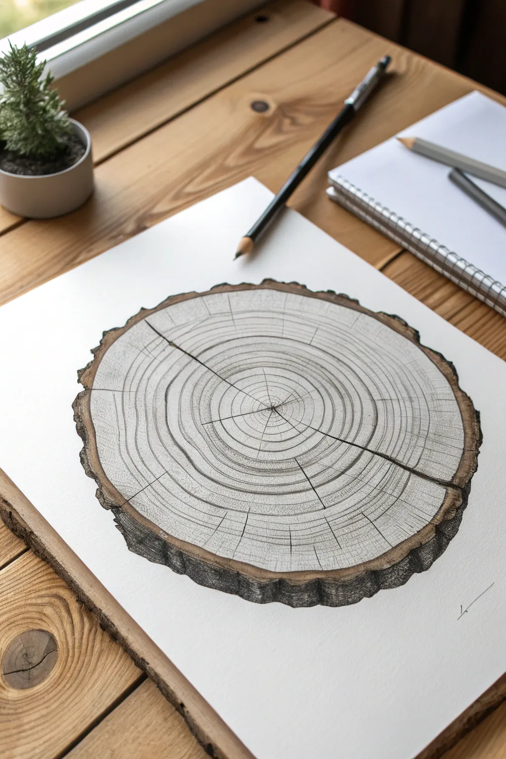 Layered pencil hatching forms wood rings, knots, and deep cracks in bold black and white.