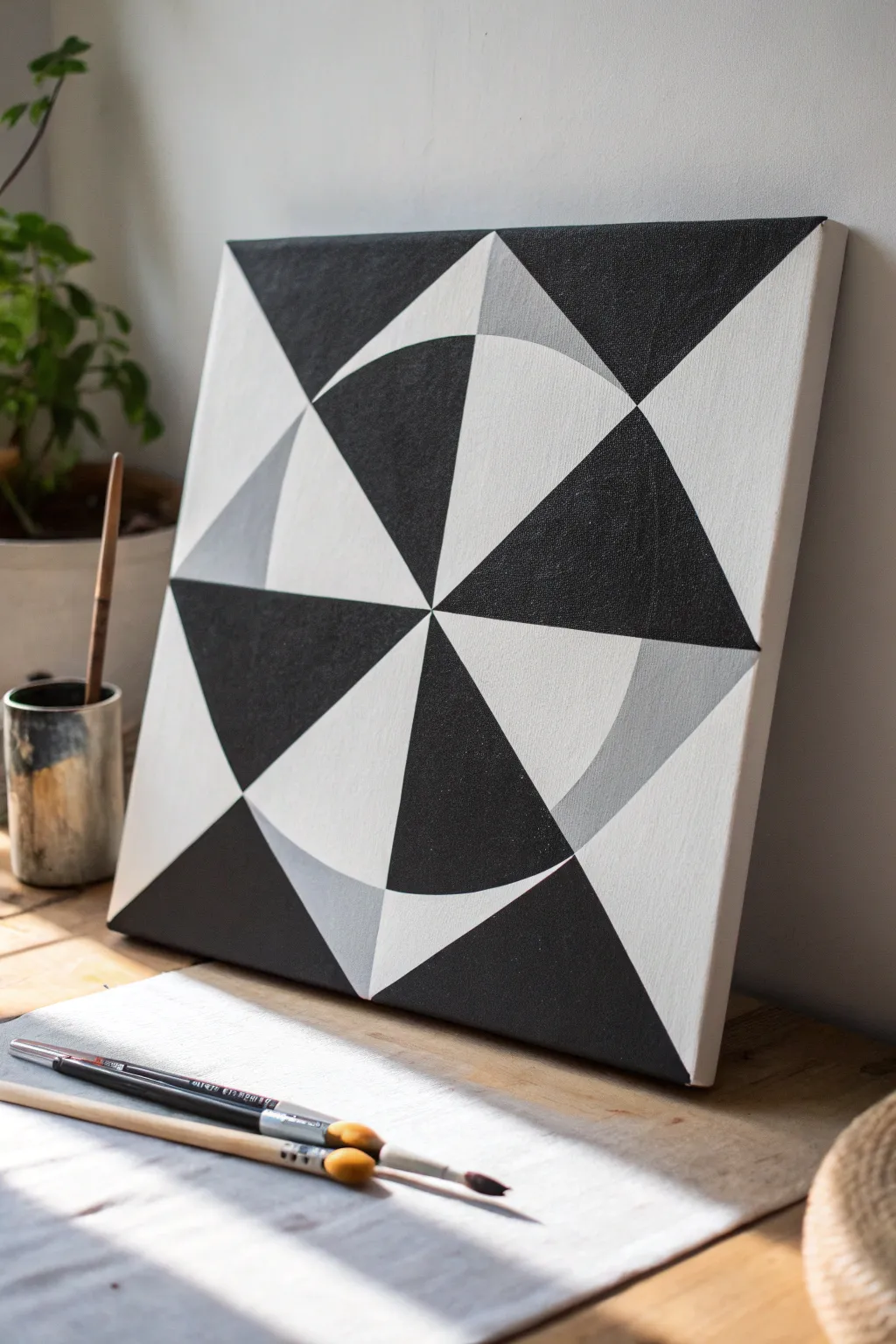 Clean hard-edge geometry in black, white, and gray for modern minimalist wall art inspiration.