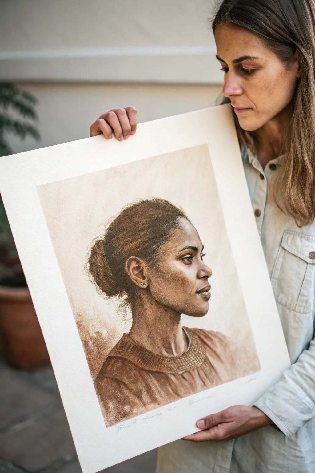 Monochrome brown portrait study of a Black girl, simple shapes and values with calm boho warmth