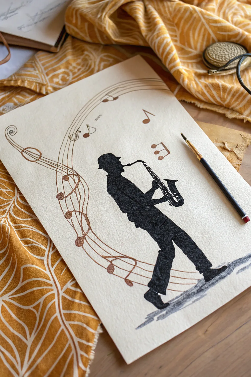 Bold jazz silhouette with flowing rhythm lines, minimalist boho accents for a warm tribute sketch