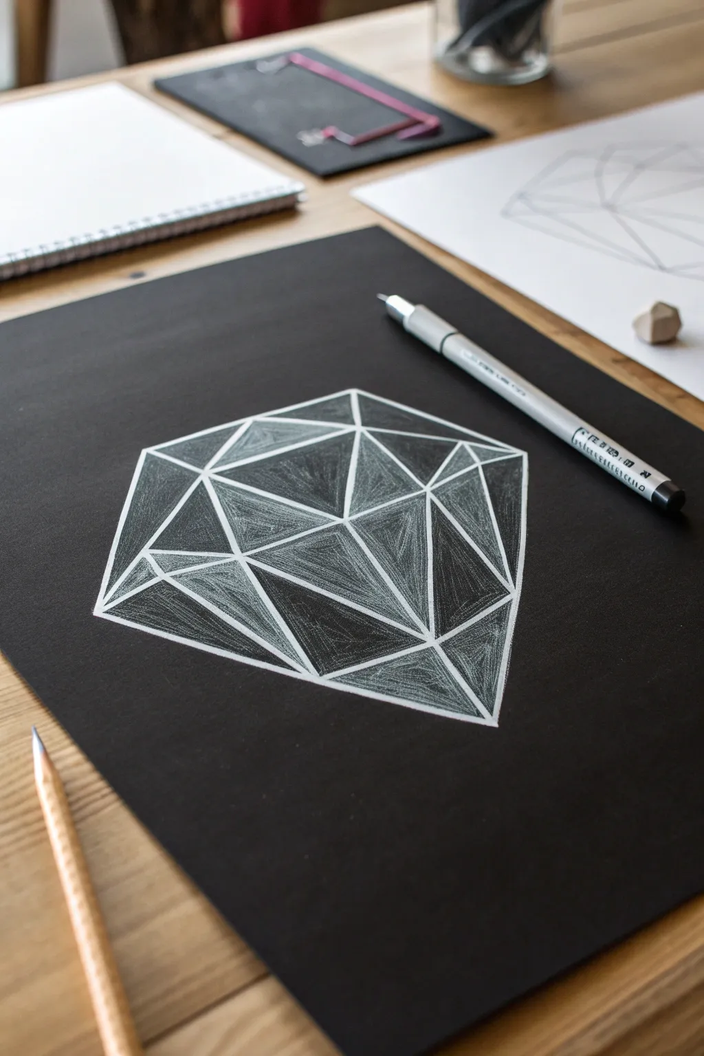 Faceted crystal study on black paper, crisp white lines and glints for luminous depth.
