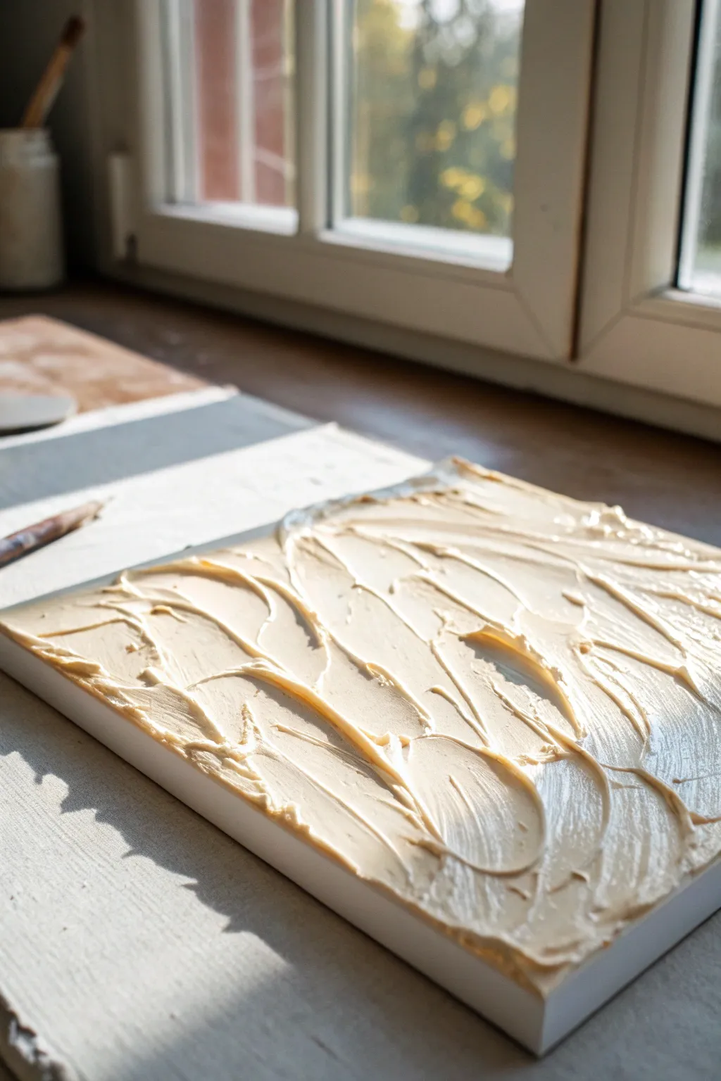 Palette-knife impasto on a blank canvas, soft side light revealing bold ridges and texture.