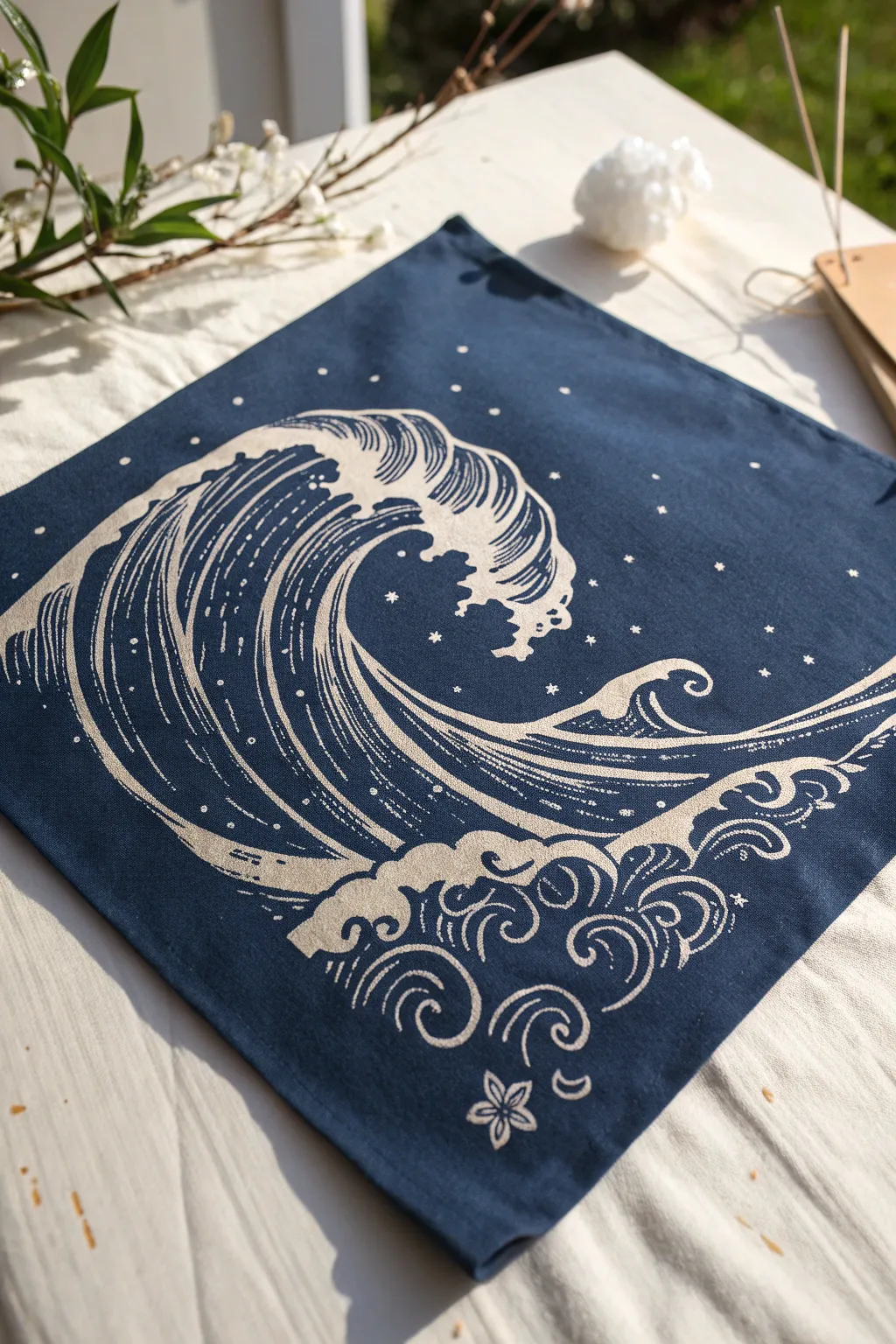 Bold ocean wave linework in bleach foam, minimalist boho contrast for easy DIY inspiration.