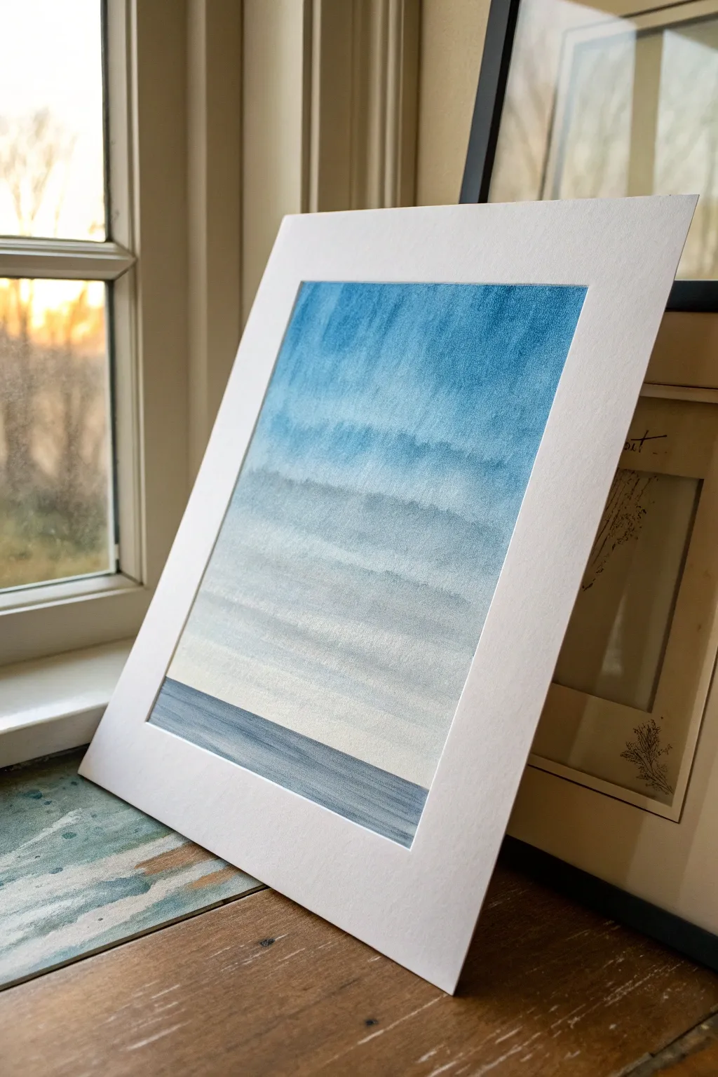Moody blue sky study with diagonal rain bands, simple brushwork and calm Scandinavian tones.