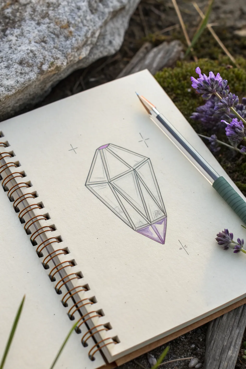 Easy boho crystal cluster doodle with soft lavender shading, minimalist and calming.
