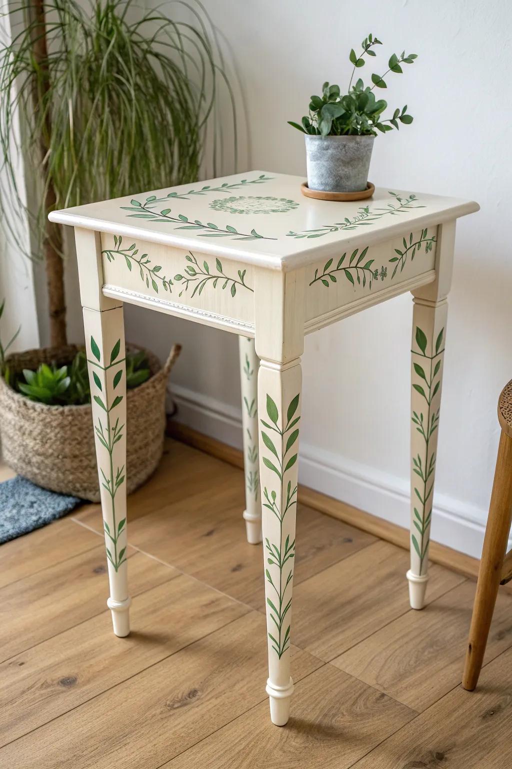 Botanical vines hand-painted up table legs for a soft boho accent in a clean minimalist space
