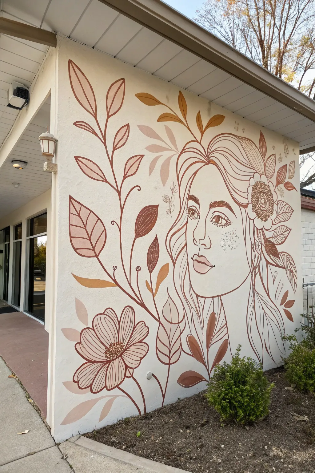 Abstract feminine faces and florals in warm neutrals for a calm Scandinavian-boho mural