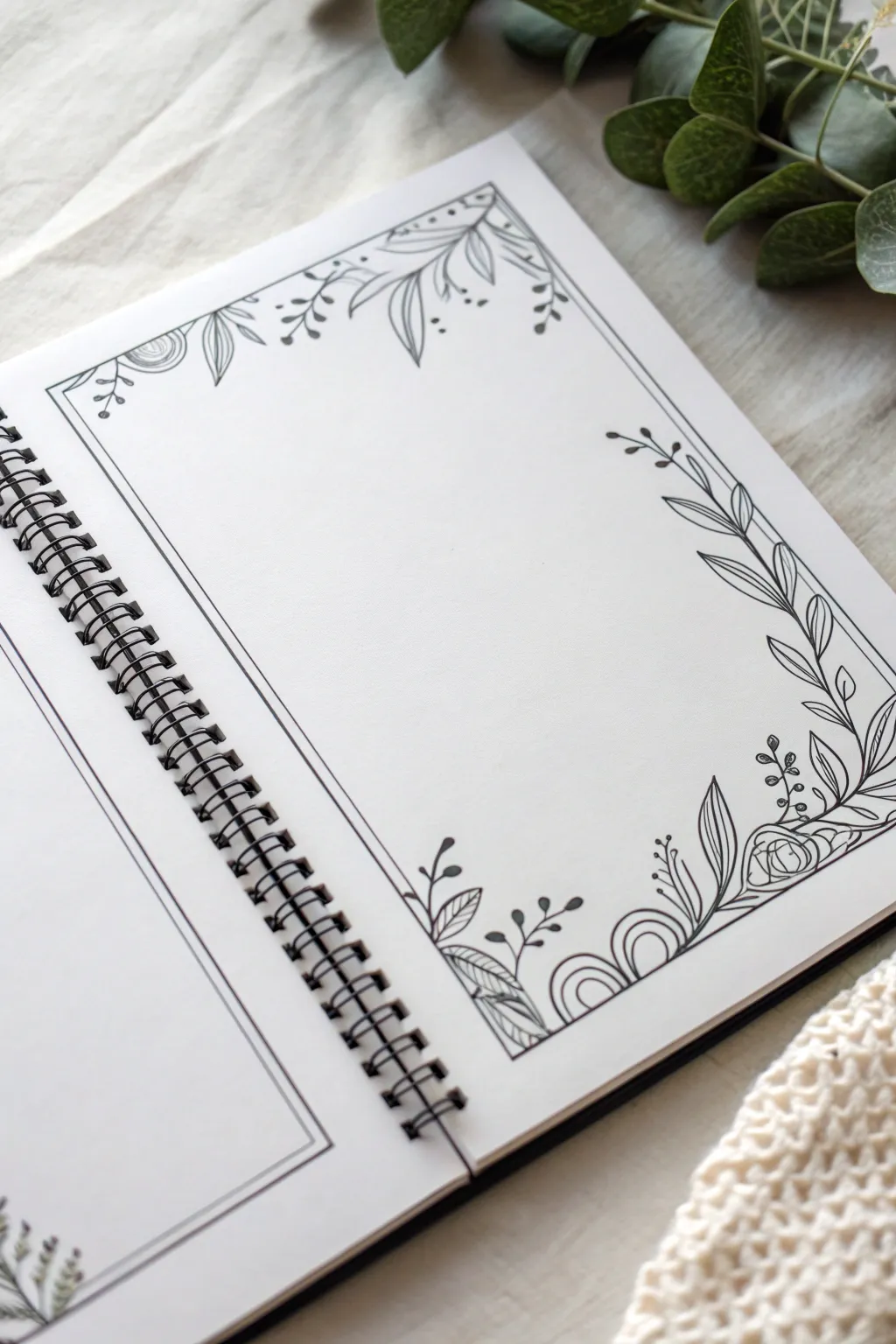 Airy corner flourish border with boho leaves and a clean center space for your next drawing.