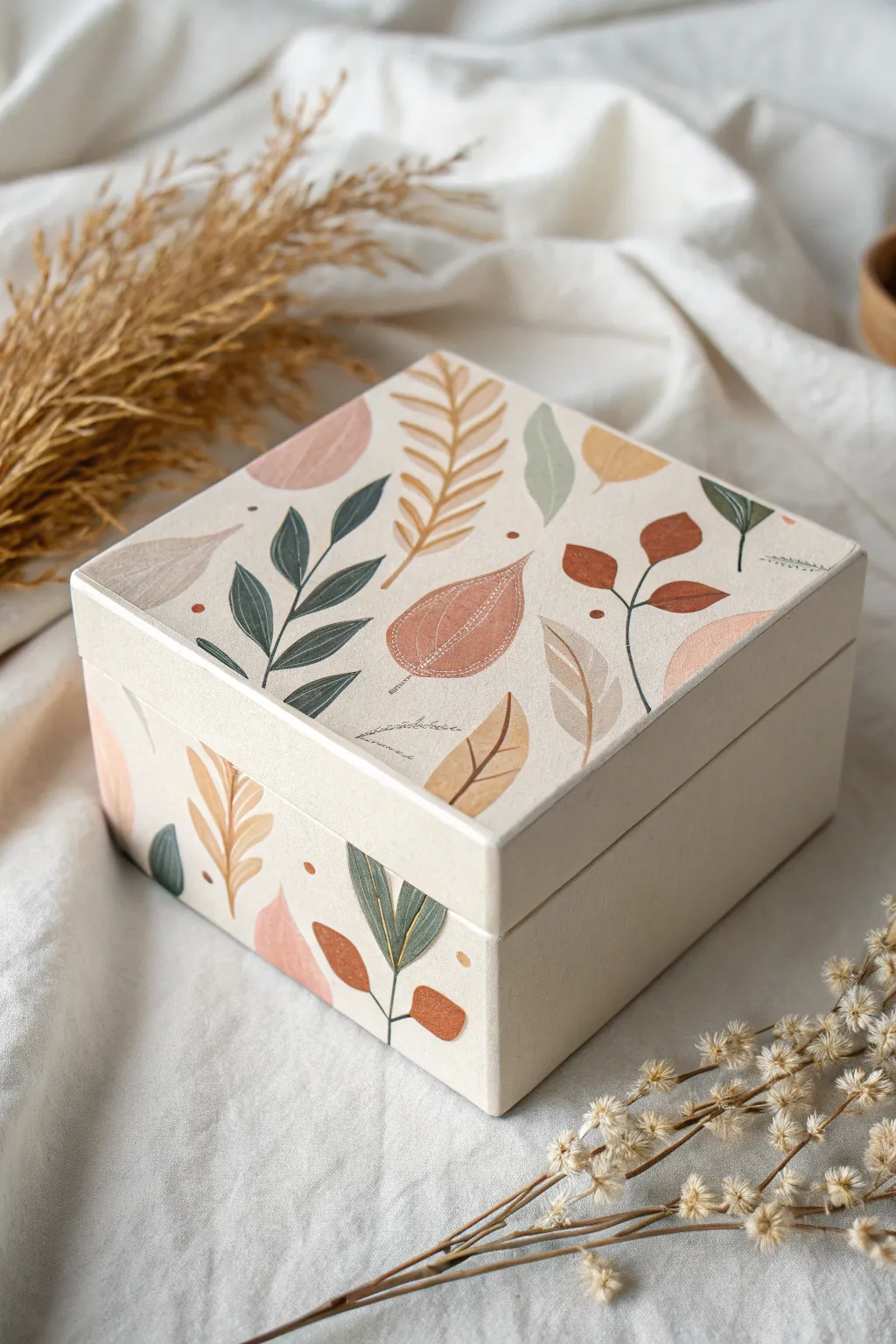 Minimalist box painting with muted abstract color blobs and fine outlines, modern boho aesthetic.