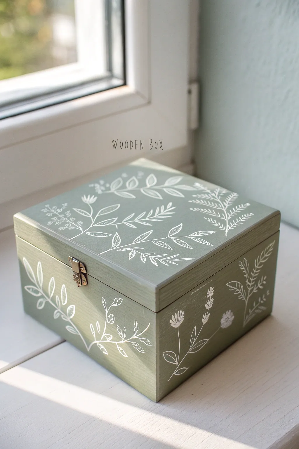 Muted painted box with crisp white botanical line art, minimalist boho styling and natural contrast