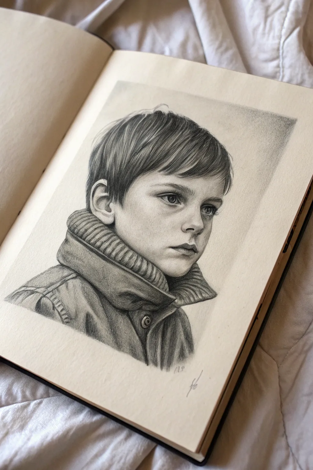 Minimalist boy portrait with a high collar, bold shadows, and cozy Scandinavian boho mood