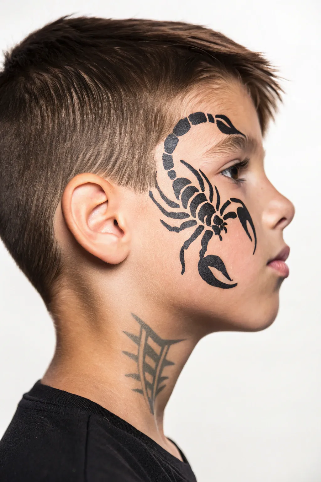 Creepy-cool scorpion side face paint with crisp segments and a curled tail for bold impact.
