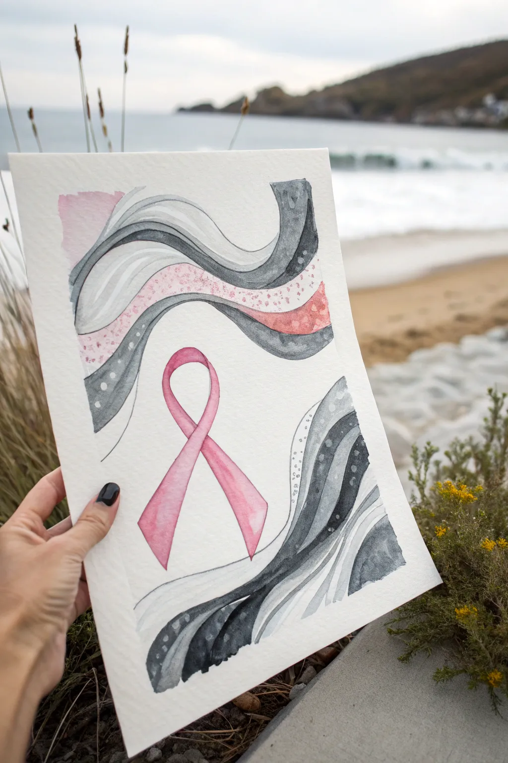 Soft gray waves lead into a bold pink ribbon centerpiece, minimal, modern, and handmade.