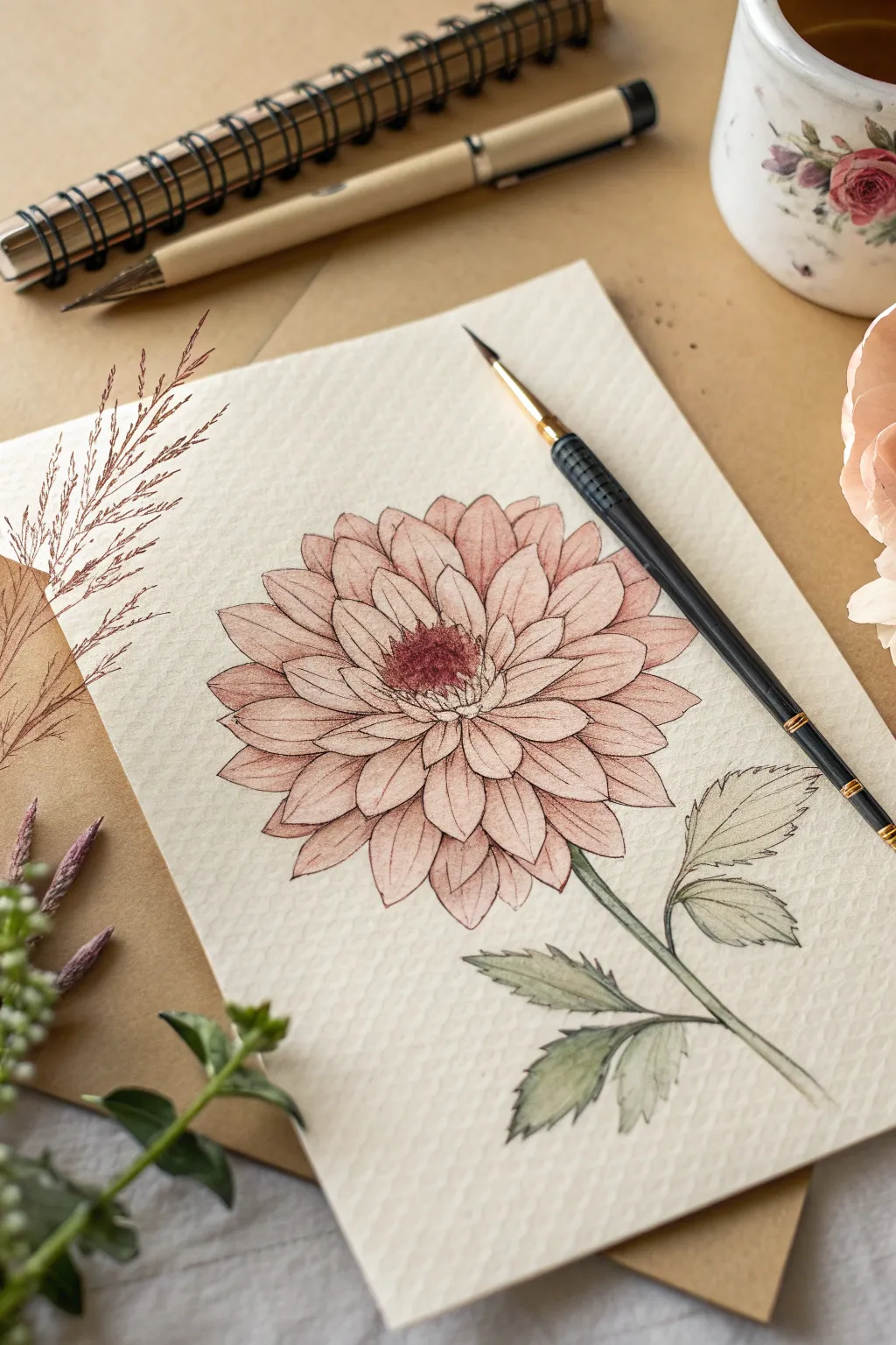 Overlapping brush pen petals with translucent layers, where each pass deepens the bloom