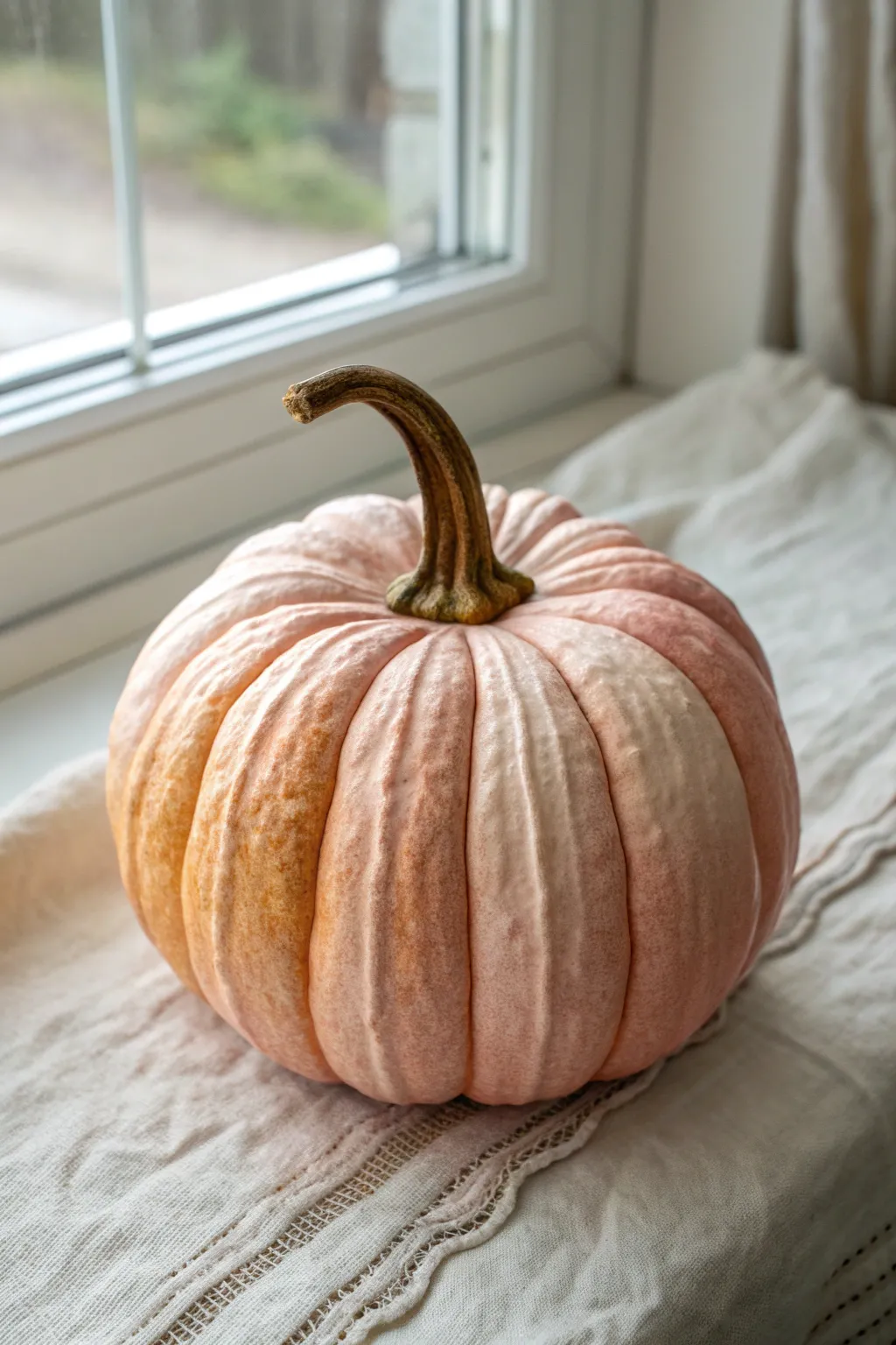 Soft ombre bumpy pumpkin with highlighted texture in calm Scandinavian-boho window light
