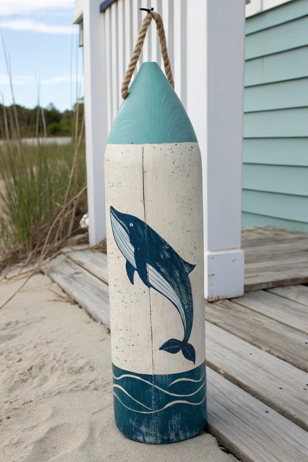 Whale curve buoy in layered blues, minimalist coastal charm for your next painting project