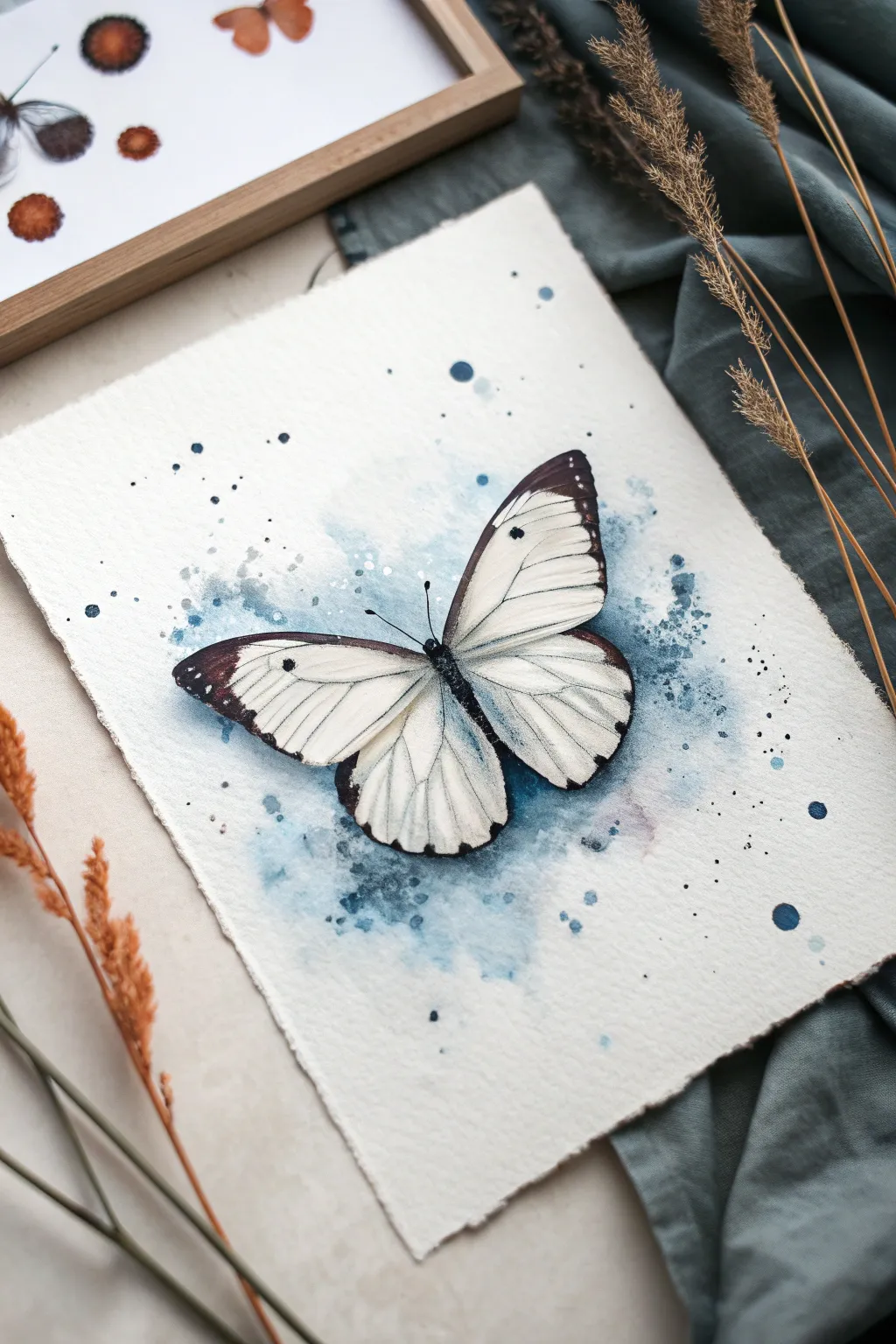 Negative-space butterfly silhouette with bold paint splatter washes for striking minimalist contrast