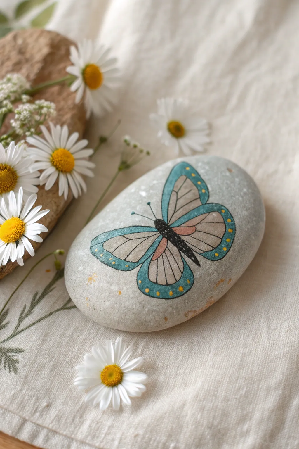 Minimal butterfly rock with tiny daisies, soft boho tones and clean Scandinavian calm.