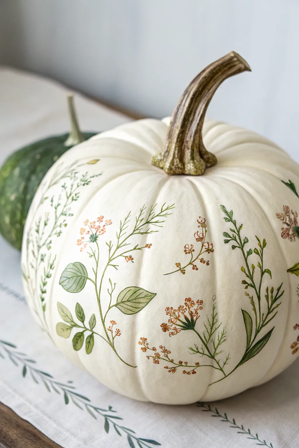 Elegant floral vine pumpkin with delicate botanical details, minimal Scandinavian styling and soft boho charm