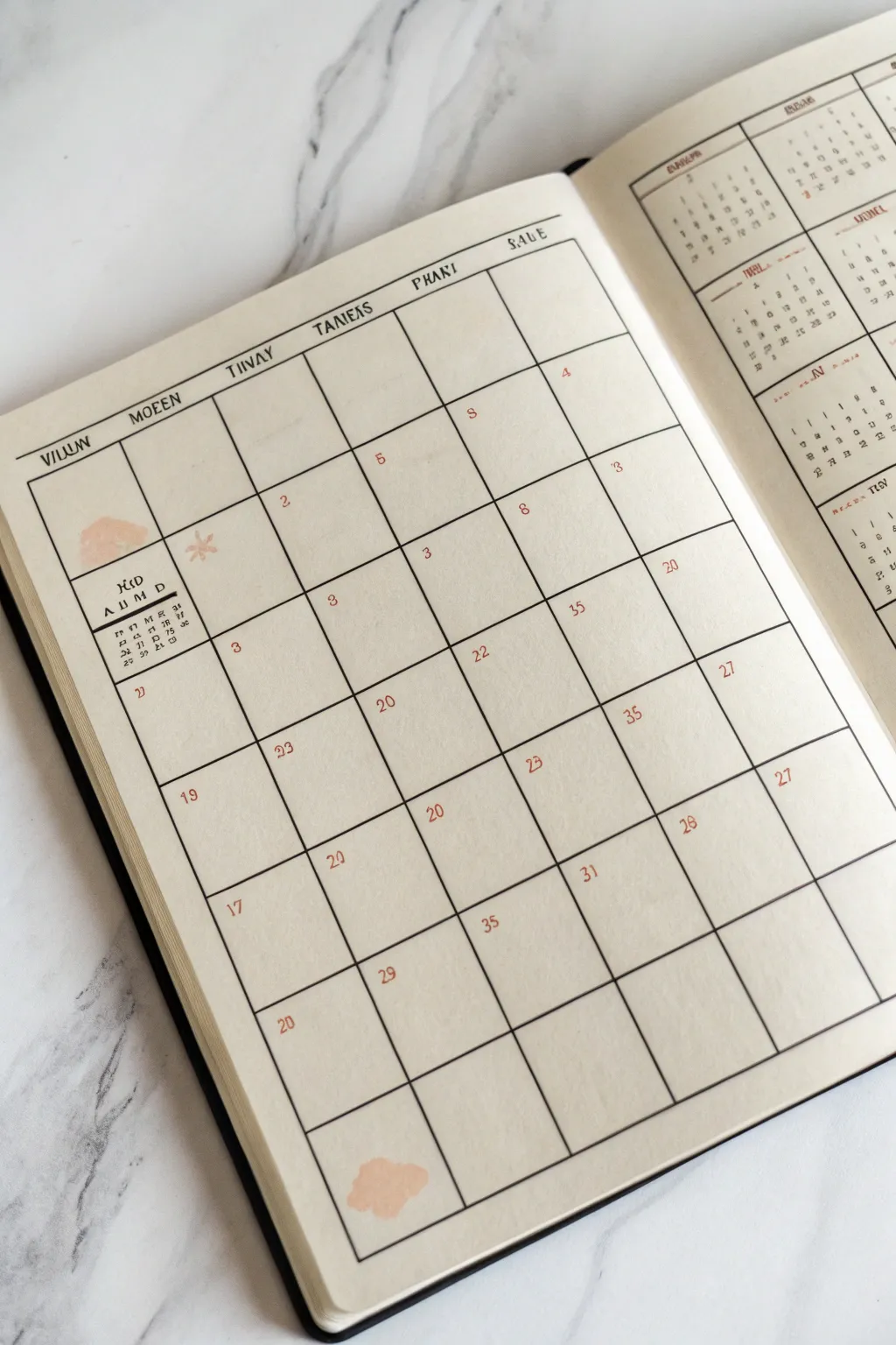 Minimal mood tracker calendar grid with tiny faces in every day square, soft Scandinavian boho feel