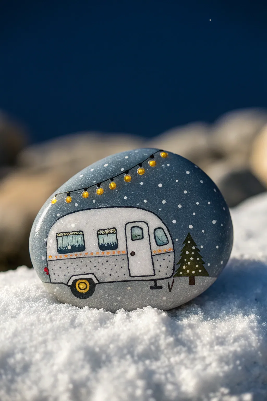 Paint a cozy snowy camper rock with twinkling winter lights for an easy seasonal craft