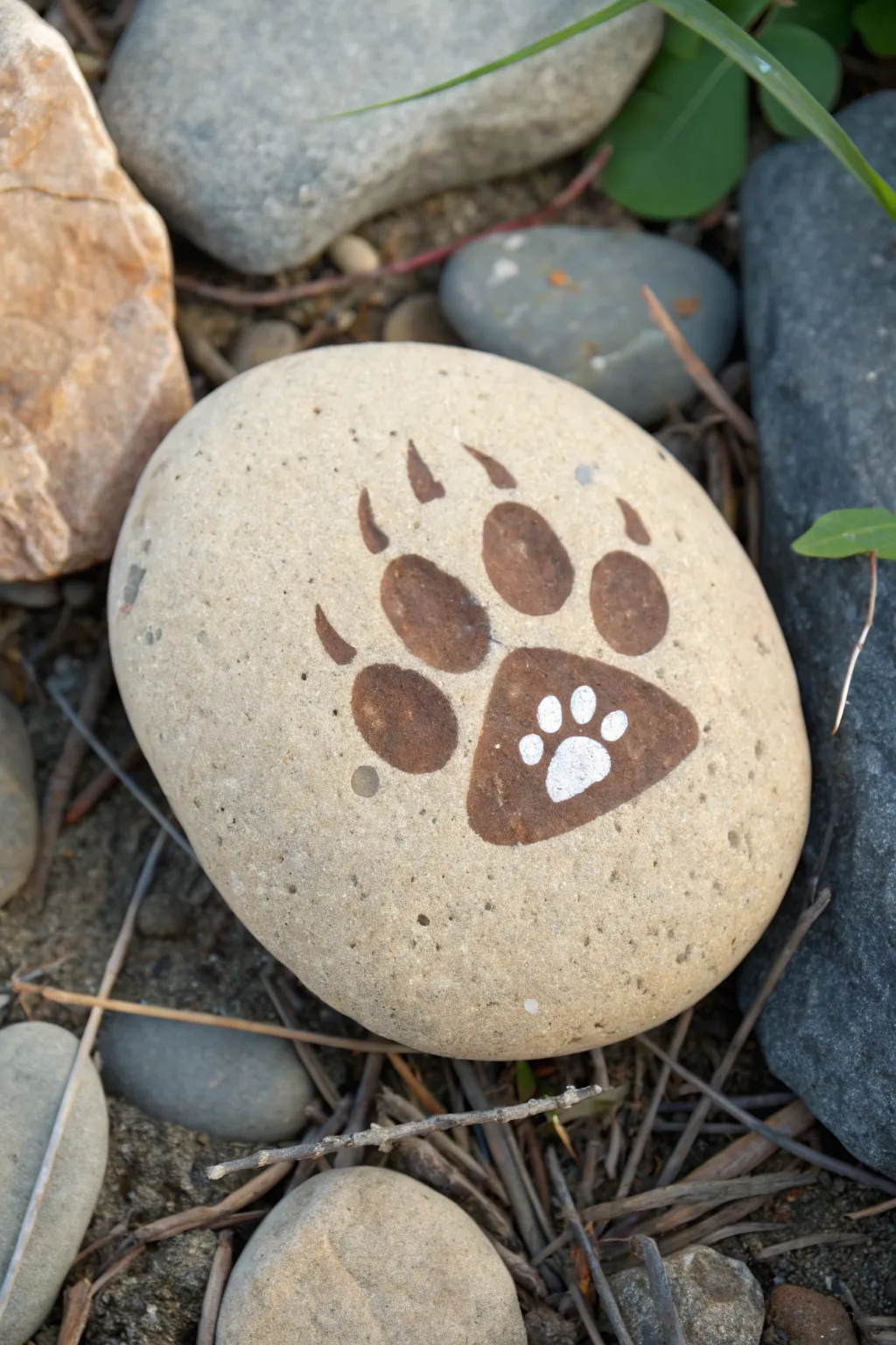 Bear paw print trail painted rock, simple and cozy camping craft idea for beginners.