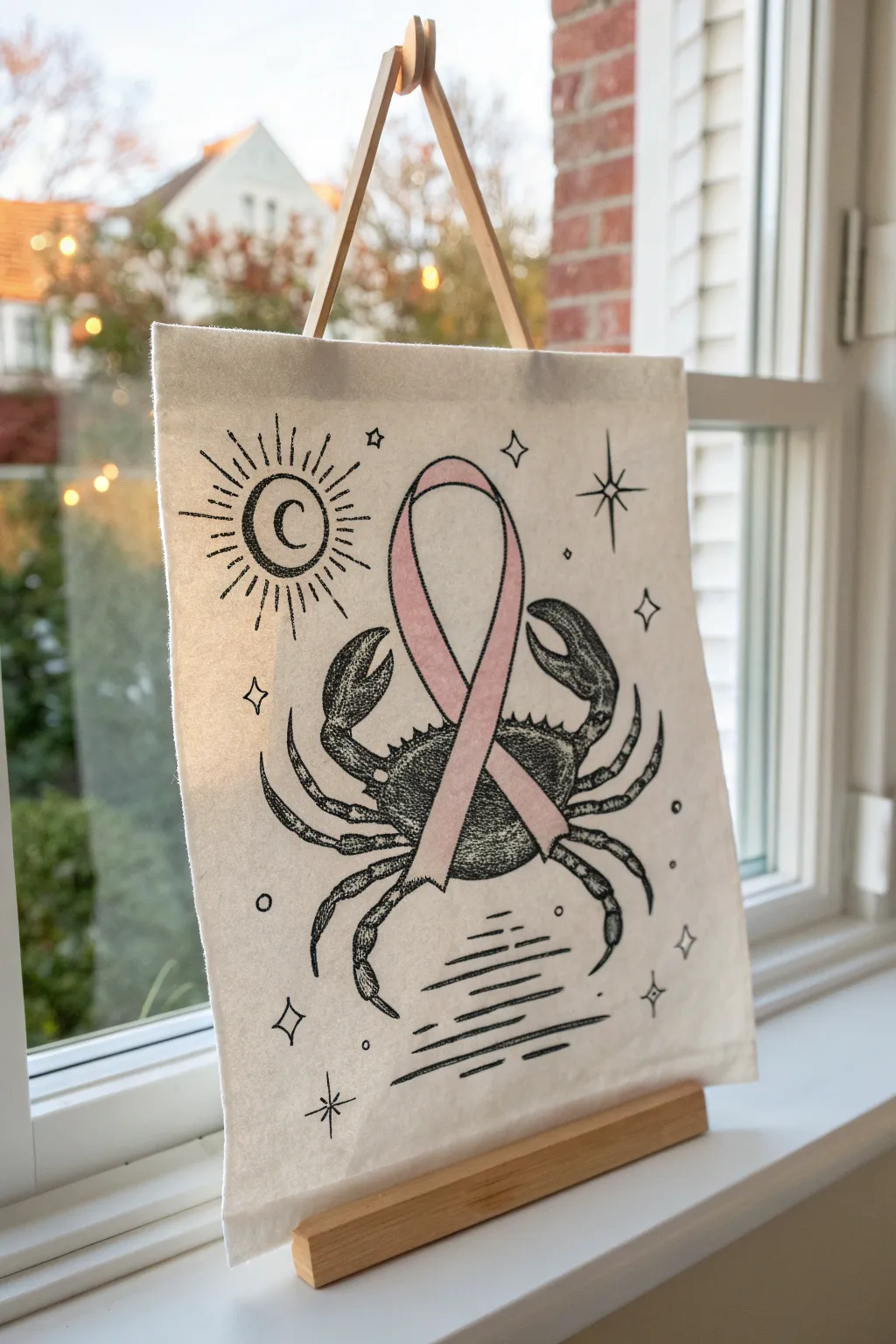 A minimalist crab and ribbon fused into one bold emblem of fight and hope, soft boho warmth