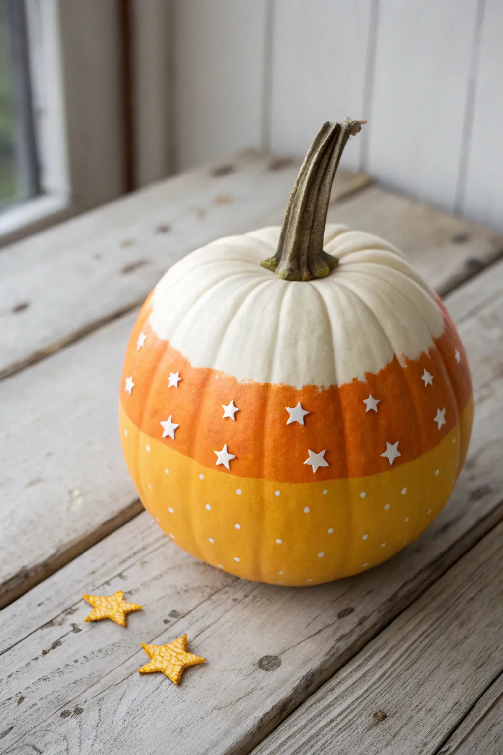 Candy corn stripes meet starry night sparkle on a minimalist pumpkin for cozy fall painting.