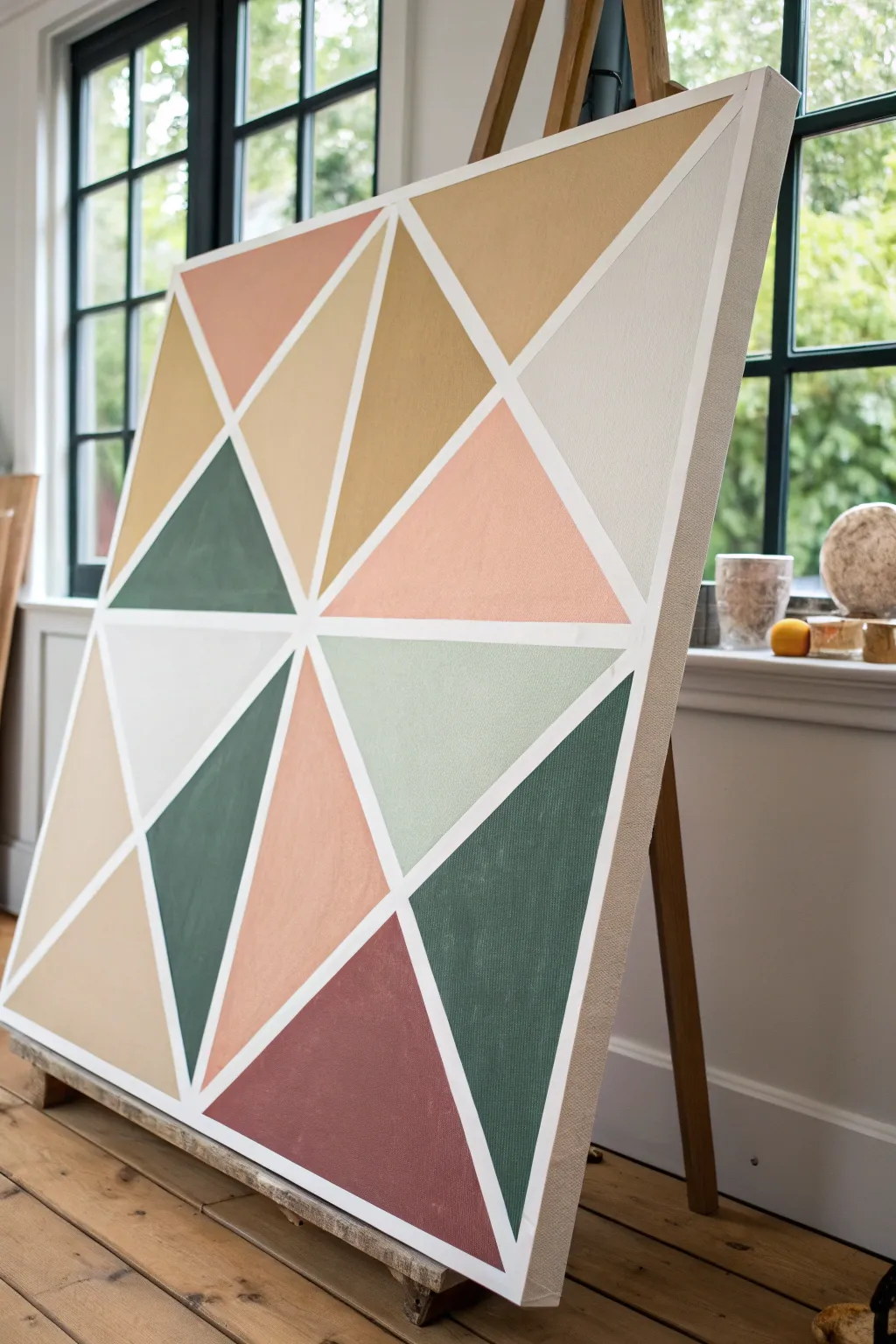 Minimalist masking tape geometric blocks create a crisp, modern canvas background with contrast.