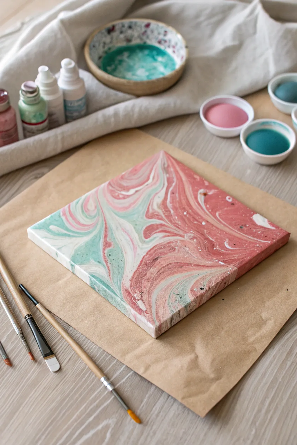 Pour-and-tilt magic: vibrant marbled swirls on a kid-friendly canvas, ready to dry