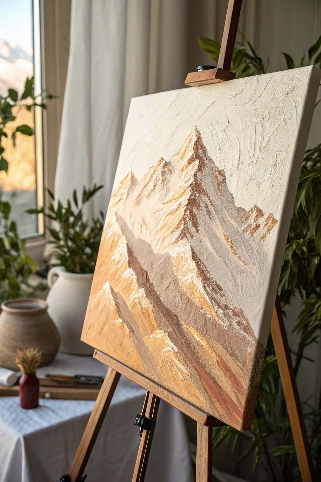 Palette knife mountain peaks in creamy neutrals, capturing bold impasto texture and dramatic side light.