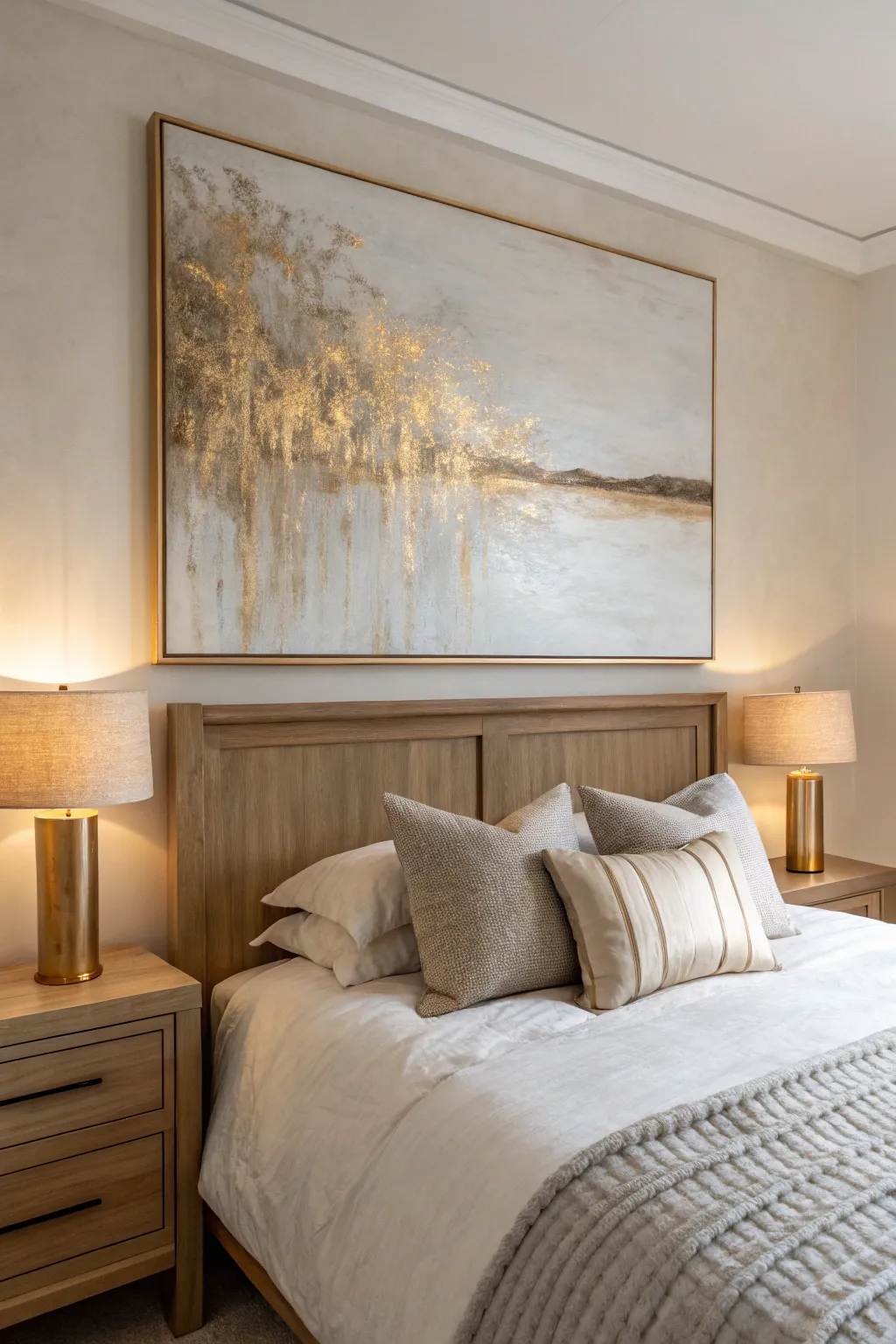 Neutral abstract canvas with soft metallic accents that glow warmly under bedside lamplight