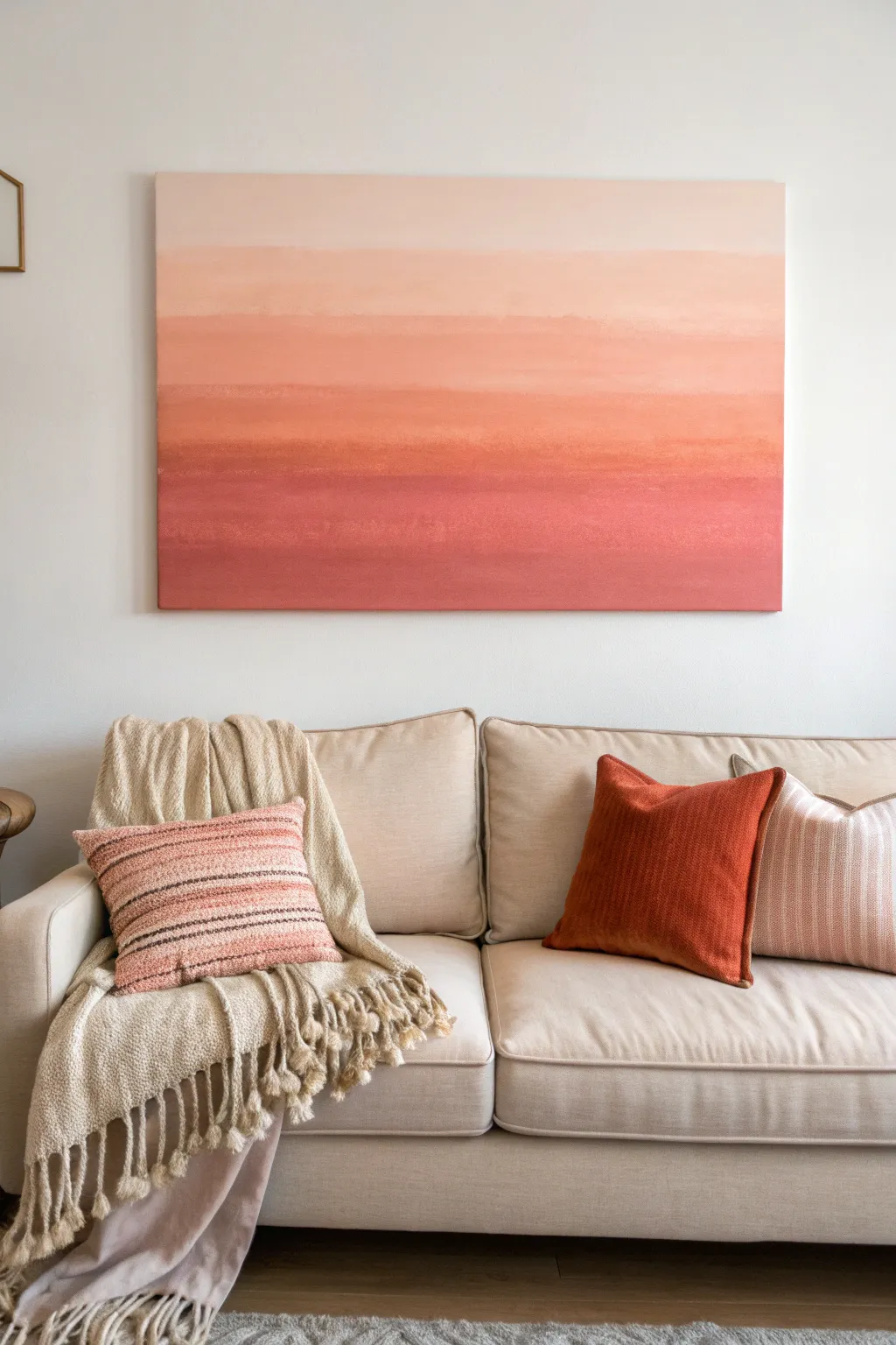 Warm sunset gradient canvas above a neutral sofa for a cozy minimalist living room glow
