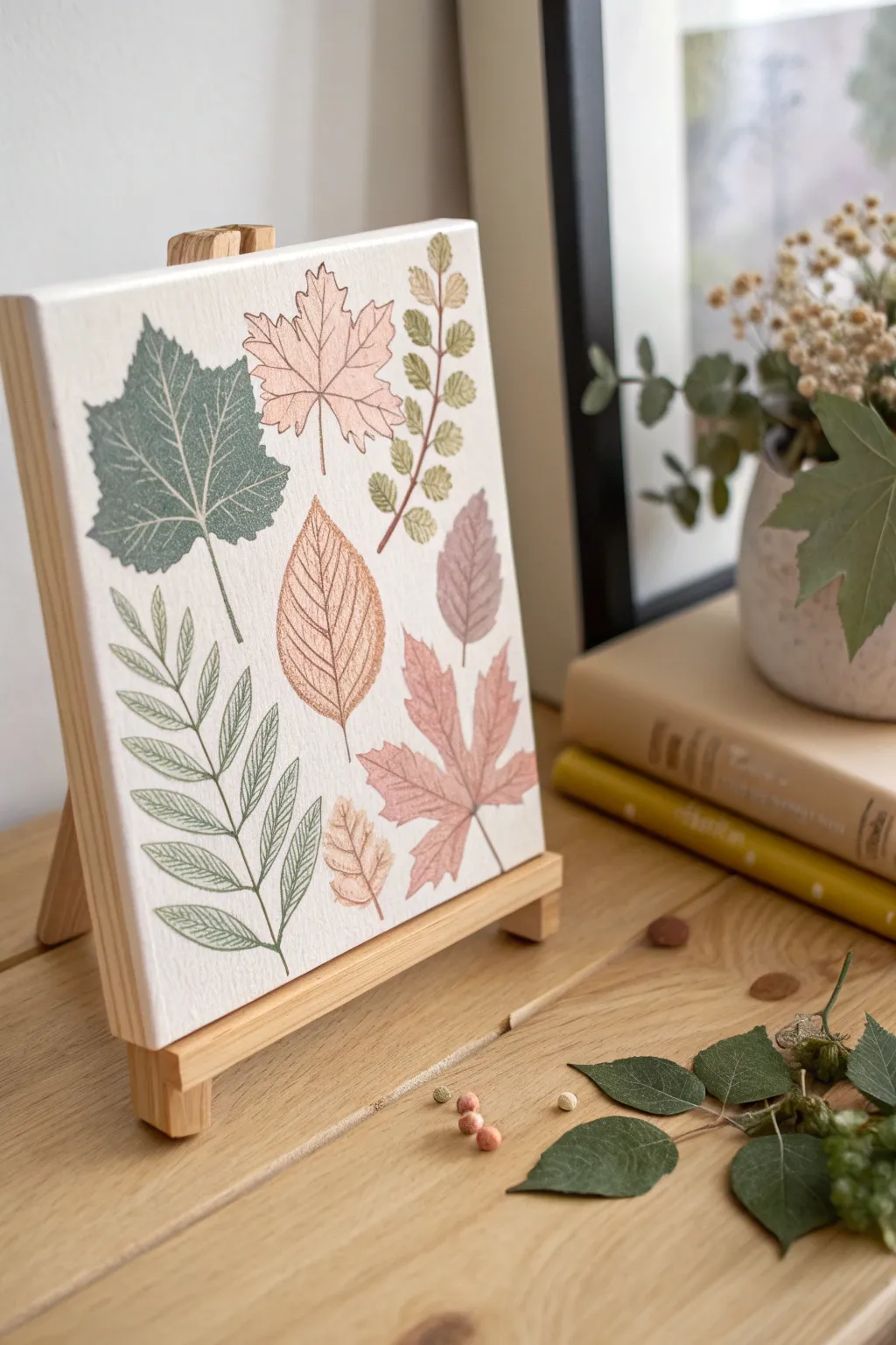 Nature print canvas for toddlers: leaf and petal stamps with playful fingerprint dots