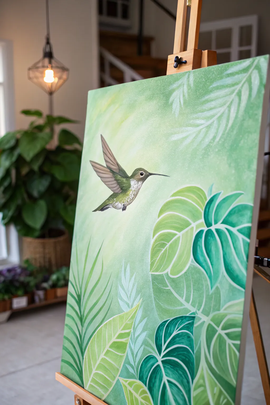 Soft green garden glow with a crisp hummingbird focal point, minimalist boho canvas idea.