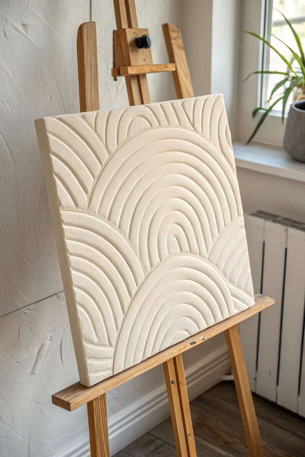 Minimal relief canvas with plaster-like arches and soft side-light shadows in neutral tones