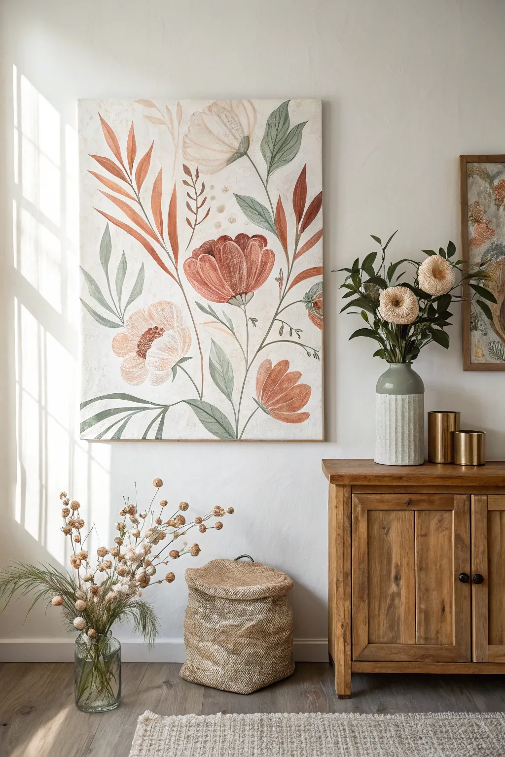 Soft abstract florals on canvas bring calm energy and handcrafted texture to your wall.