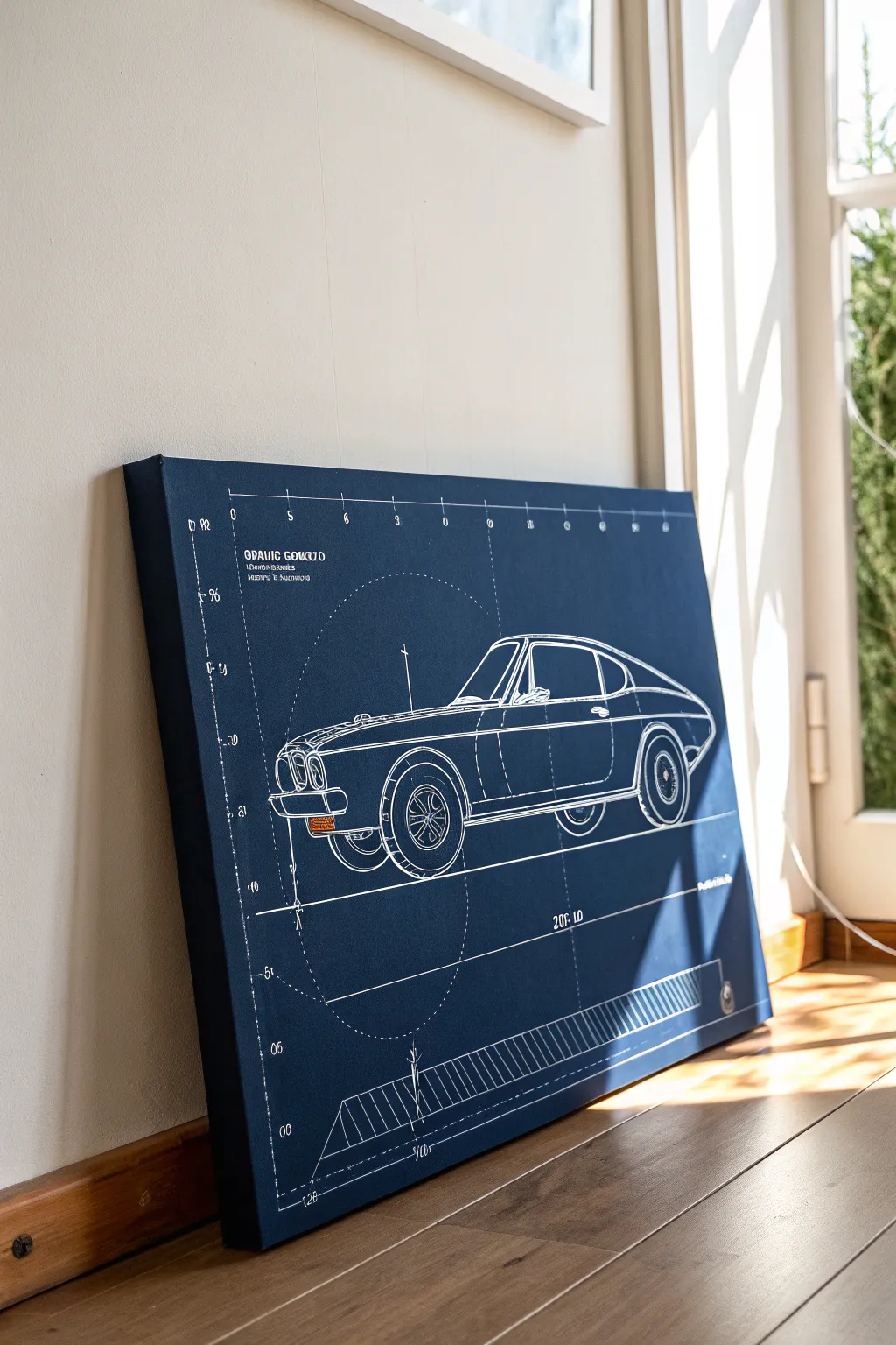 Minimal blueprint car sketch on deep navy canvas with crisp white lines for modern DIY wall art