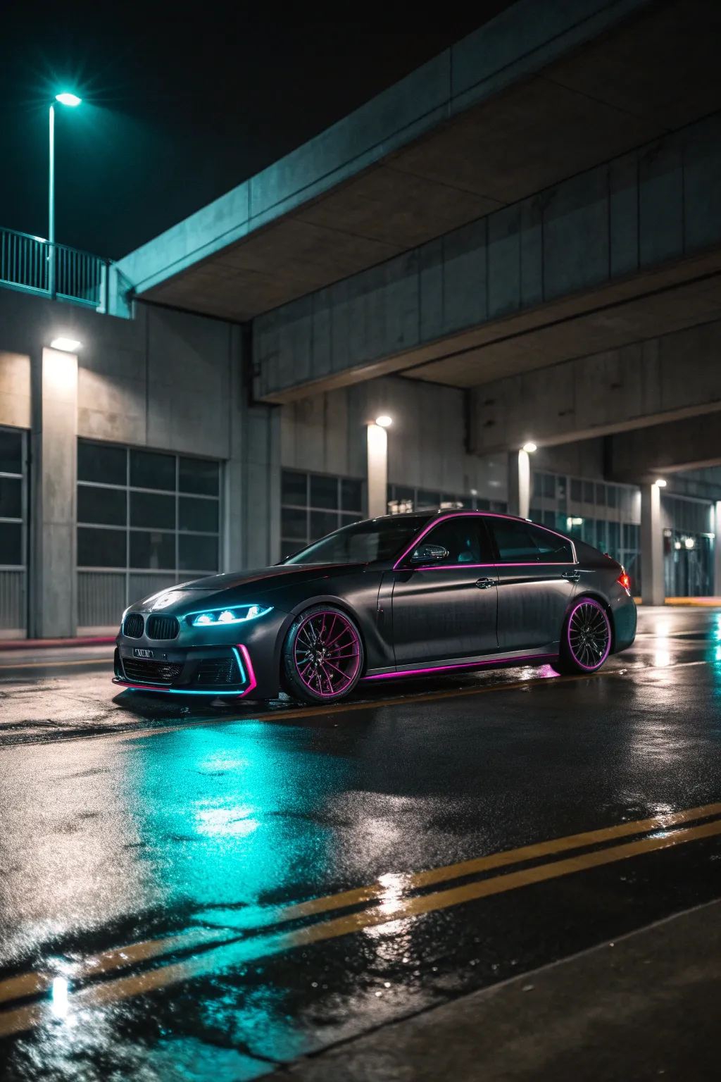 Midnight matte car with crisp neon lines, glowing softly in streetlight reflections.