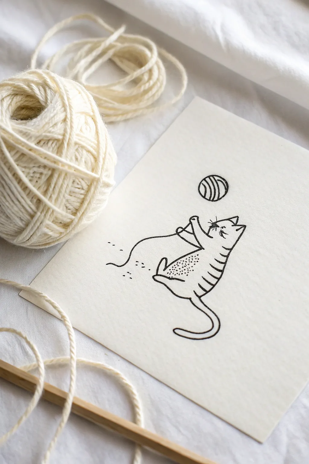 Simple cat-and-yarn doodle in crisp black ink, perfect for a playful minimalist sketch.