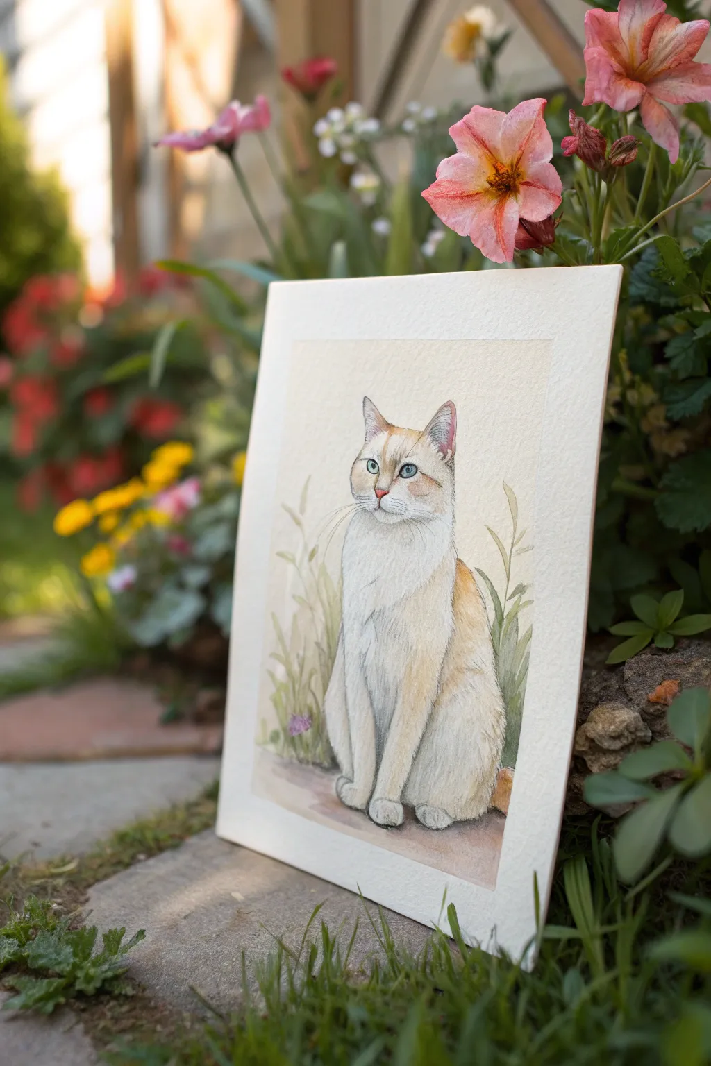 Loose florals, soft greenery, and a calm sitting cat painted with airy Scandinavian boho simplicity