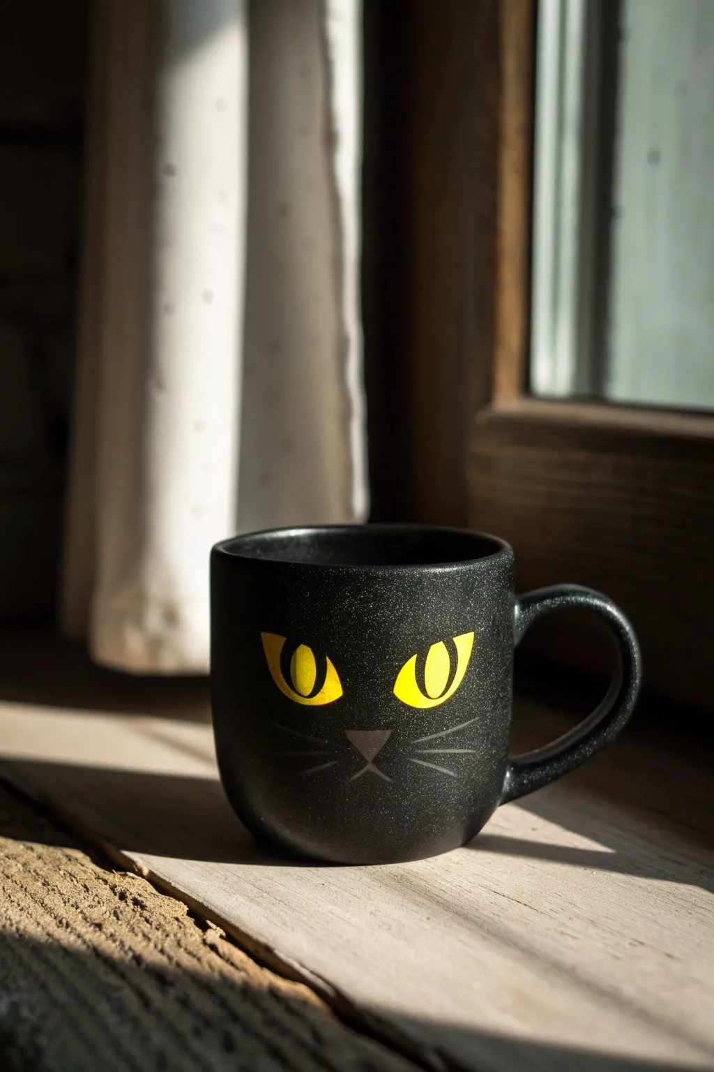 Paint a midnight-glaze mug with glowing cat eyes for a chic, moody Halloween vibe.